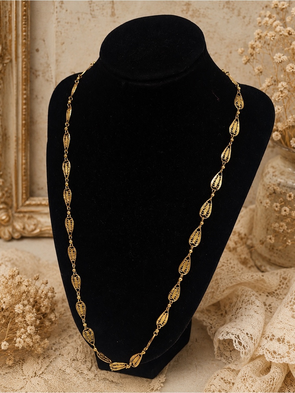 Gold Tone Filigree Leaf Long Necklace 32” Vintage Style